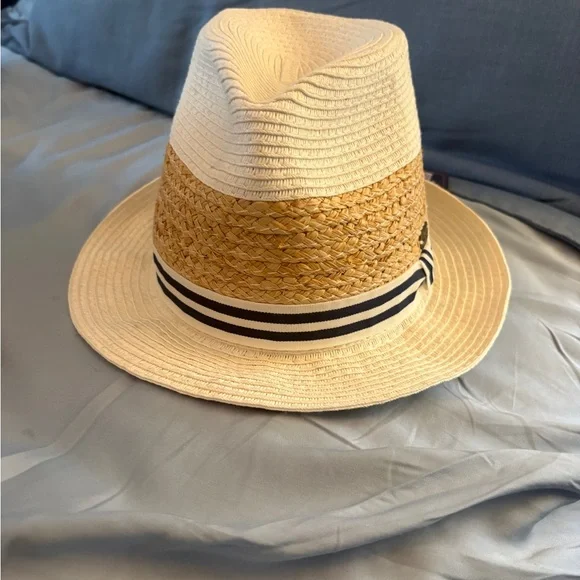 Striped Band Straw Fedora Hat - Cream & Tan - Picture 2 of 8